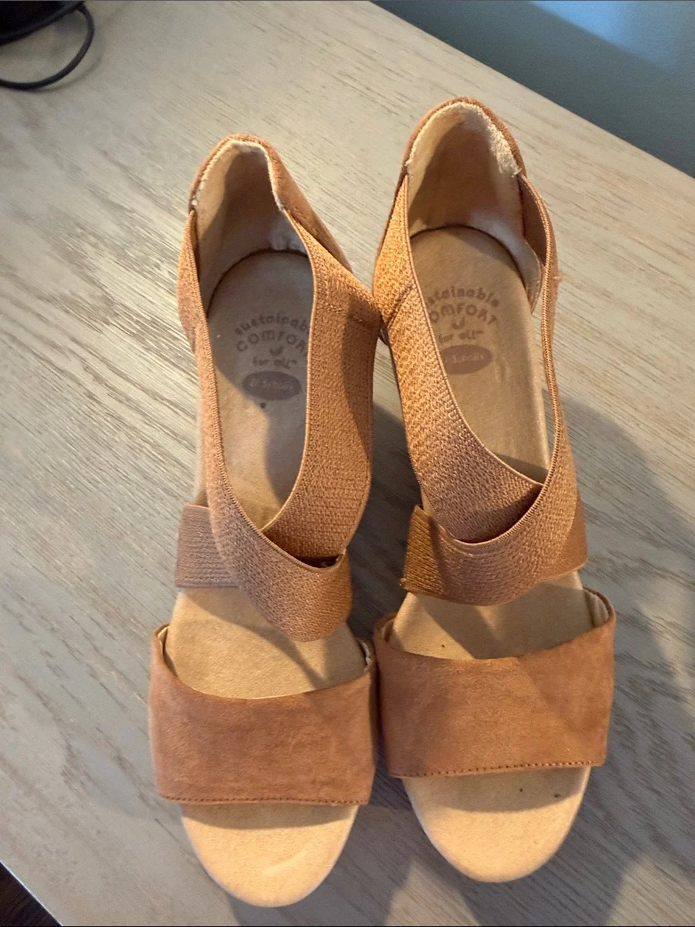 Dr. Scholl's Tan Suede-Look Elastic Cross Strap Wedge Sandals